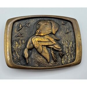 Vintage BTS Brass Belt Buckle Bird Dog Labrador Retriever Duck Hunting USA